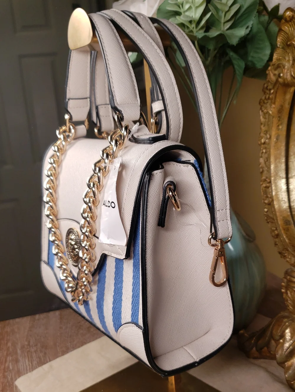 ALDO Blue & White Striped Satchel Crossbody w/ Gold Lion & Chain Accent NWT!